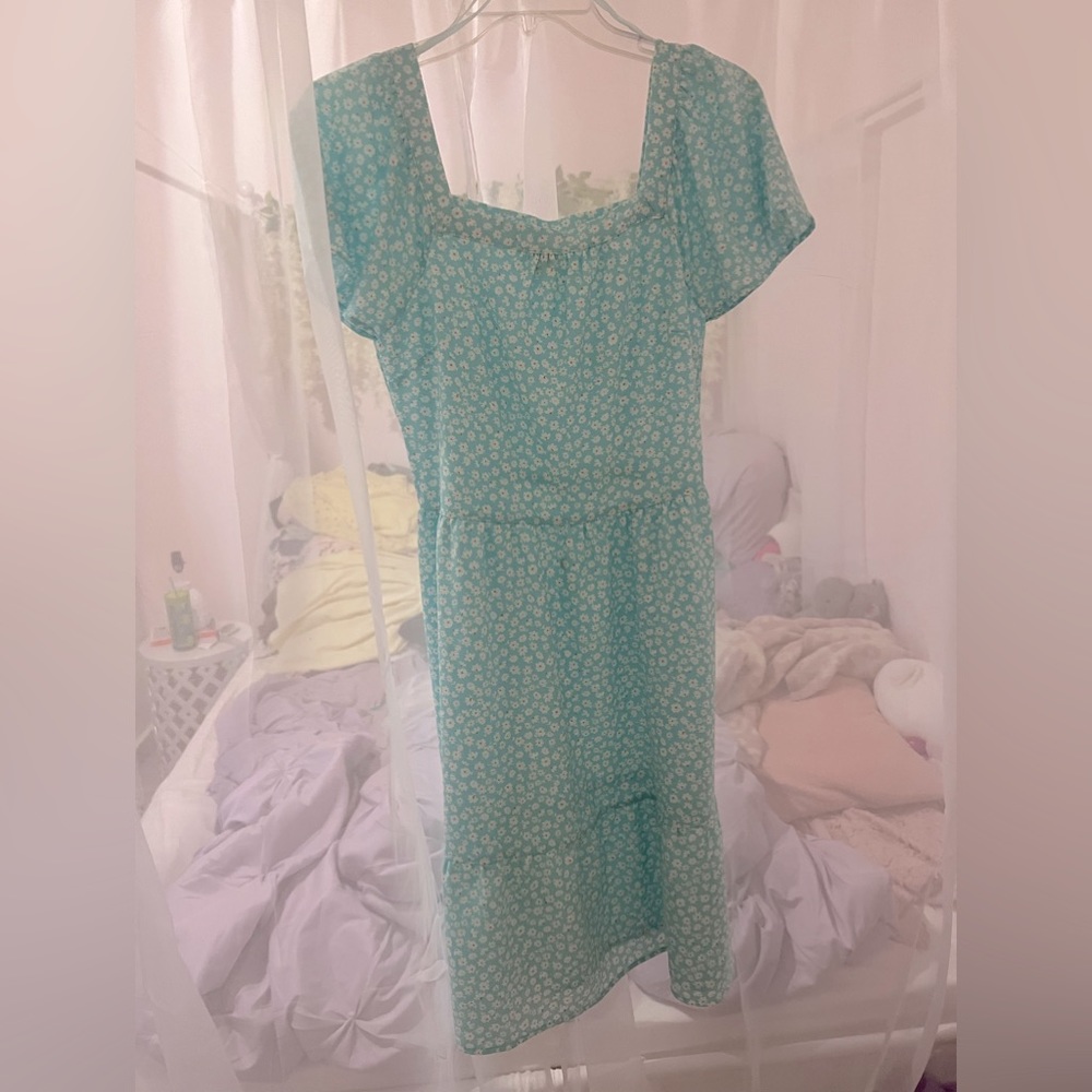 Monteau Teal Dress with White Flowers